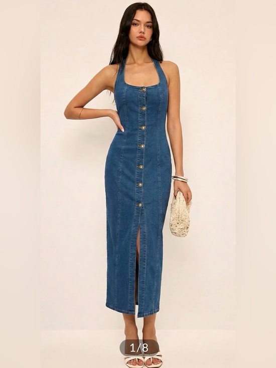 Commense Dresses & Skirts - Commense Denim Halter-Front Maxi Dress